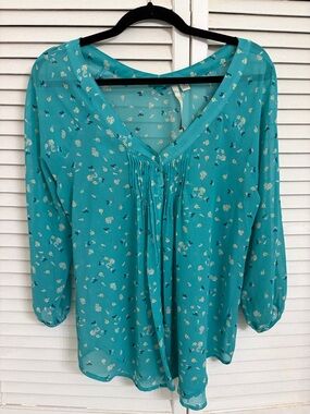 LC Lauren Conrad Teal Floral Pintuck Tunic Blouse